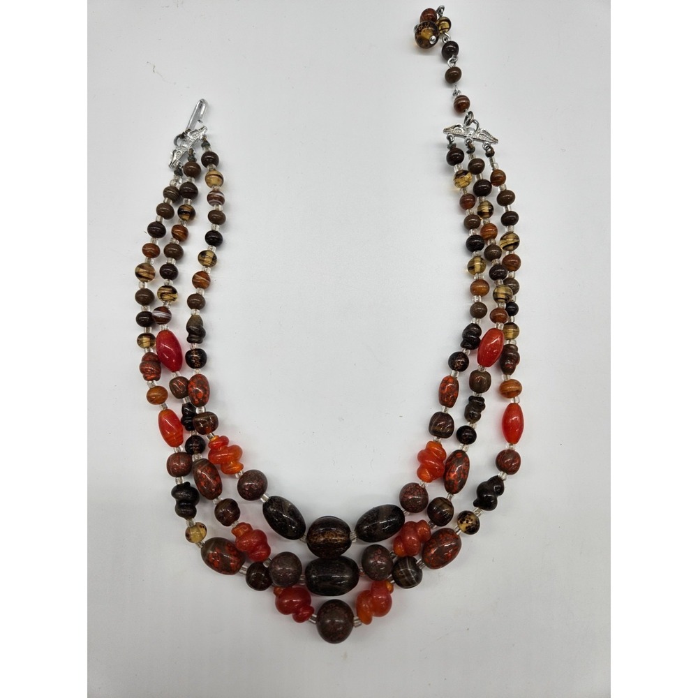 Vintage Triple Strand Beaded Necklace Brown Orange Amber Earthy Boho JHook Clasp